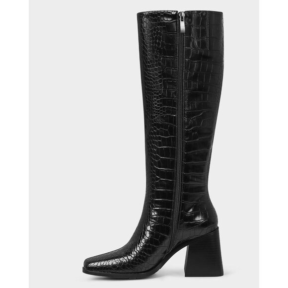 Women Crocodile Black Polyurethane Knee High Square Toe Block Heel Tall Boots - Picture 3 of 9